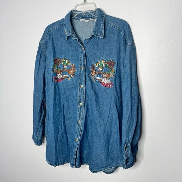 Vintage Bobbie Brook cat embroidery denim shirt size XL - Picture 2 of 5